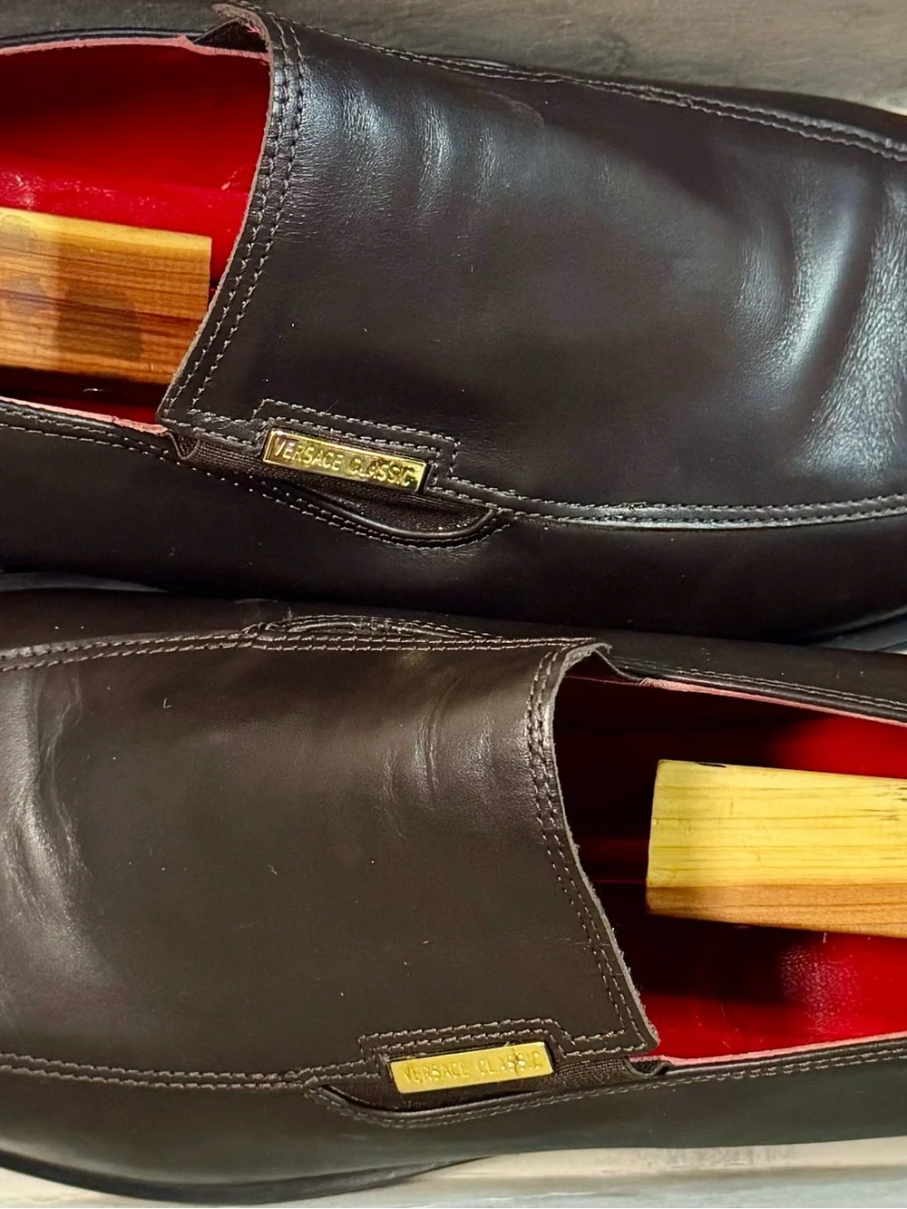 Versace Classic Men's Dark Brown Leather Slip-Ons with Gold Plaque